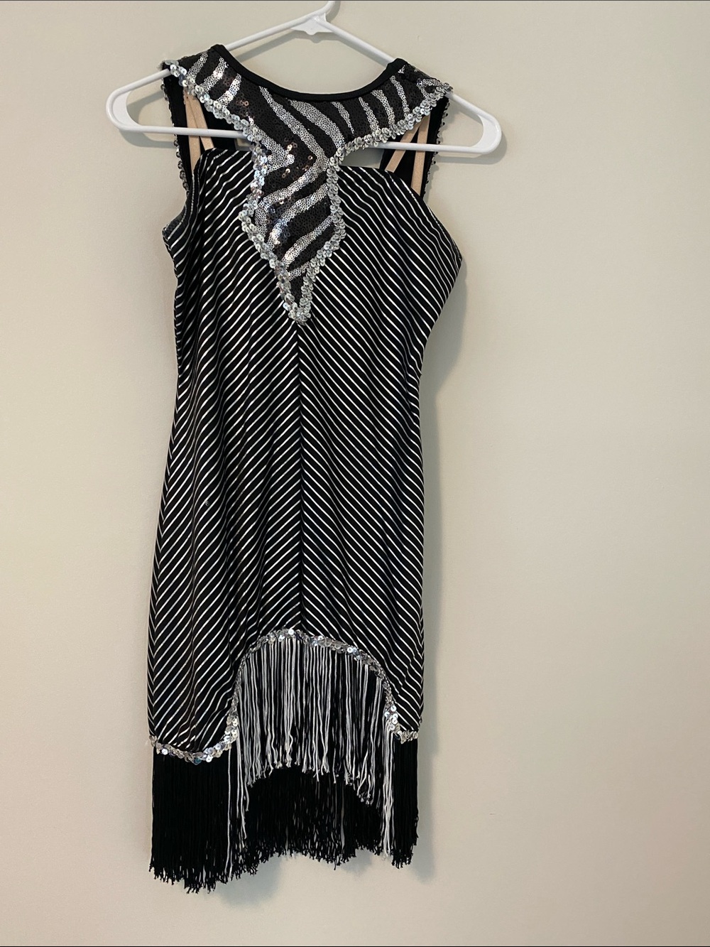Black & White Striped Sequin Fringe Mini Dress